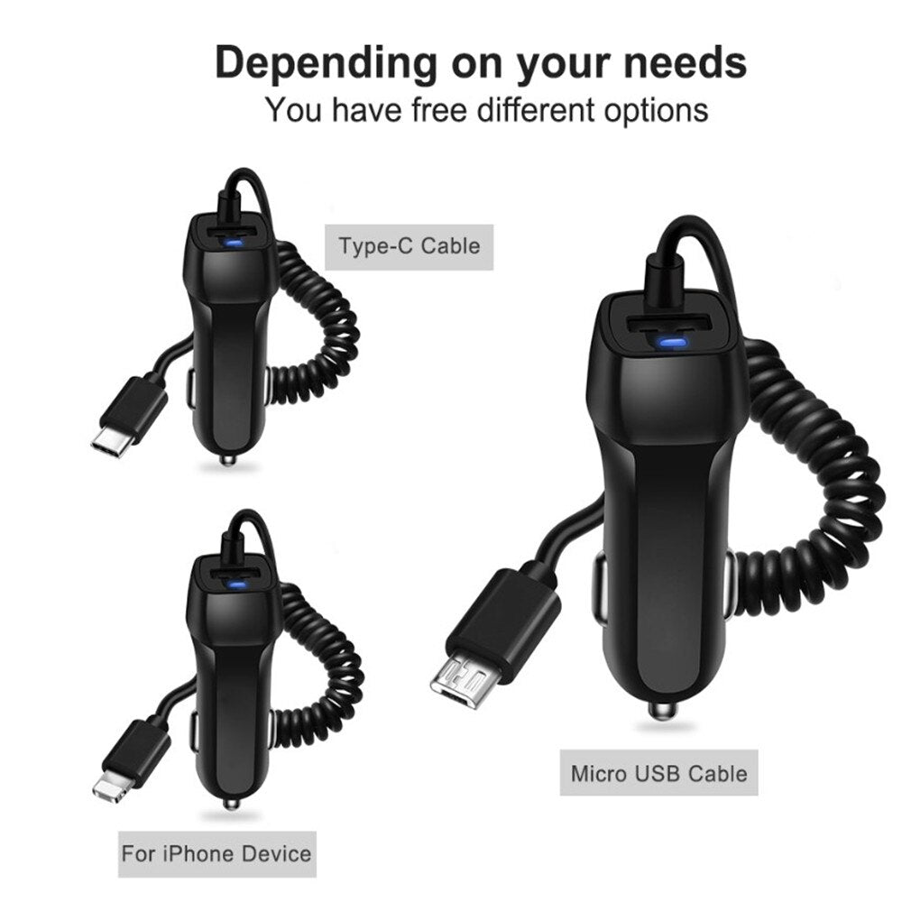 Universal Car Charger With 1.5m USB Cable Mobile Phone Charger For iphone for Samsung Micro USB Type C Fast Car Phone Charger