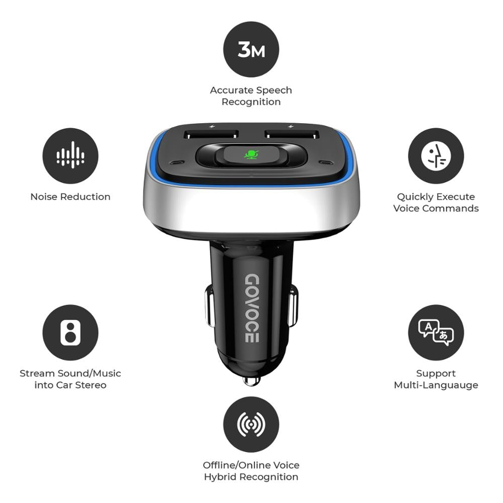 GoVoCE Bluetooth Car Charger With Siri & Google Voice Control Wireless Car Charger USB Fast Chargeres For Phone