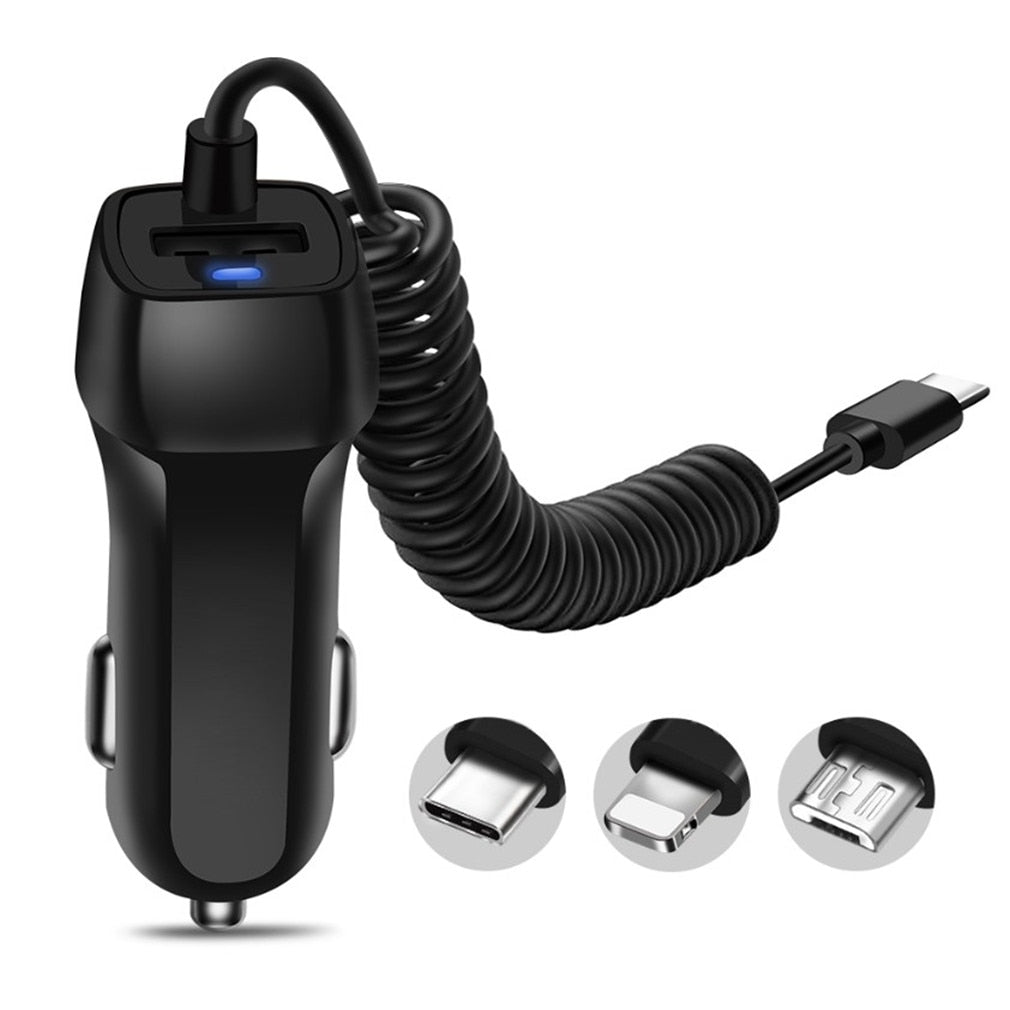Universal Car Charger With 1.5m USB Cable Mobile Phone Charger For iphone for Samsung Micro USB Type C Fast Car Phone Charger