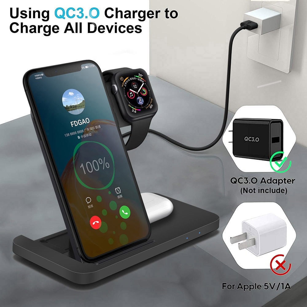 DCAE 15W Qi Fast Wireless Charger Dock Station For iPhone 14 13 12 11 XS XR X 8 Apple Watch 7 6 SE AirPods 3 Pro Charging Stand