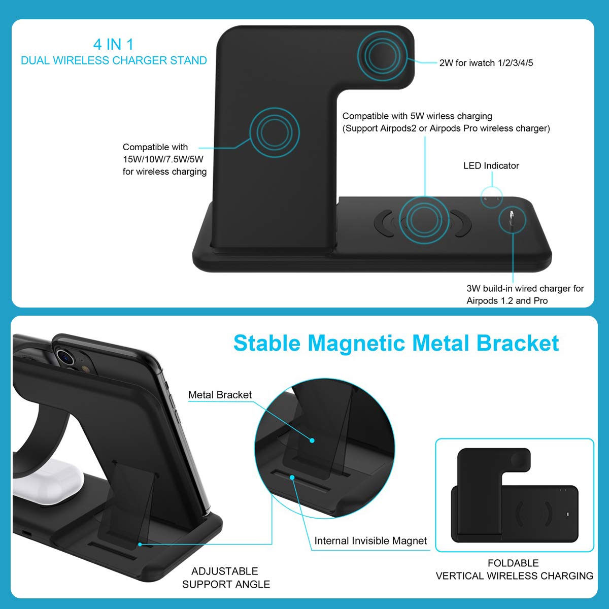 FDGAO 15W Wireless Charger 4 in 1 Qi Fast Charging Dock Station for Apple Watch 7 6 SE AirPods Pro iPhone 14 13 12 11 XS XR X 8