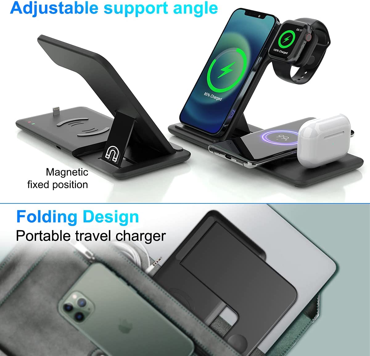 FDGAO 15W Wireless Charger 4 in 1 Qi Fast Charging Dock Station for Apple Watch 7 6 SE AirPods Pro iPhone 14 13 12 11 XS XR X 8