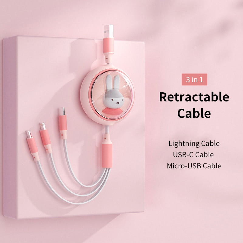 Miffy Retractable Charging Cable 3 in 1 USB C Cable for iPhone 13 14 Charger USB Type C Fast Charging for 14Pro Samsung Xiaomi