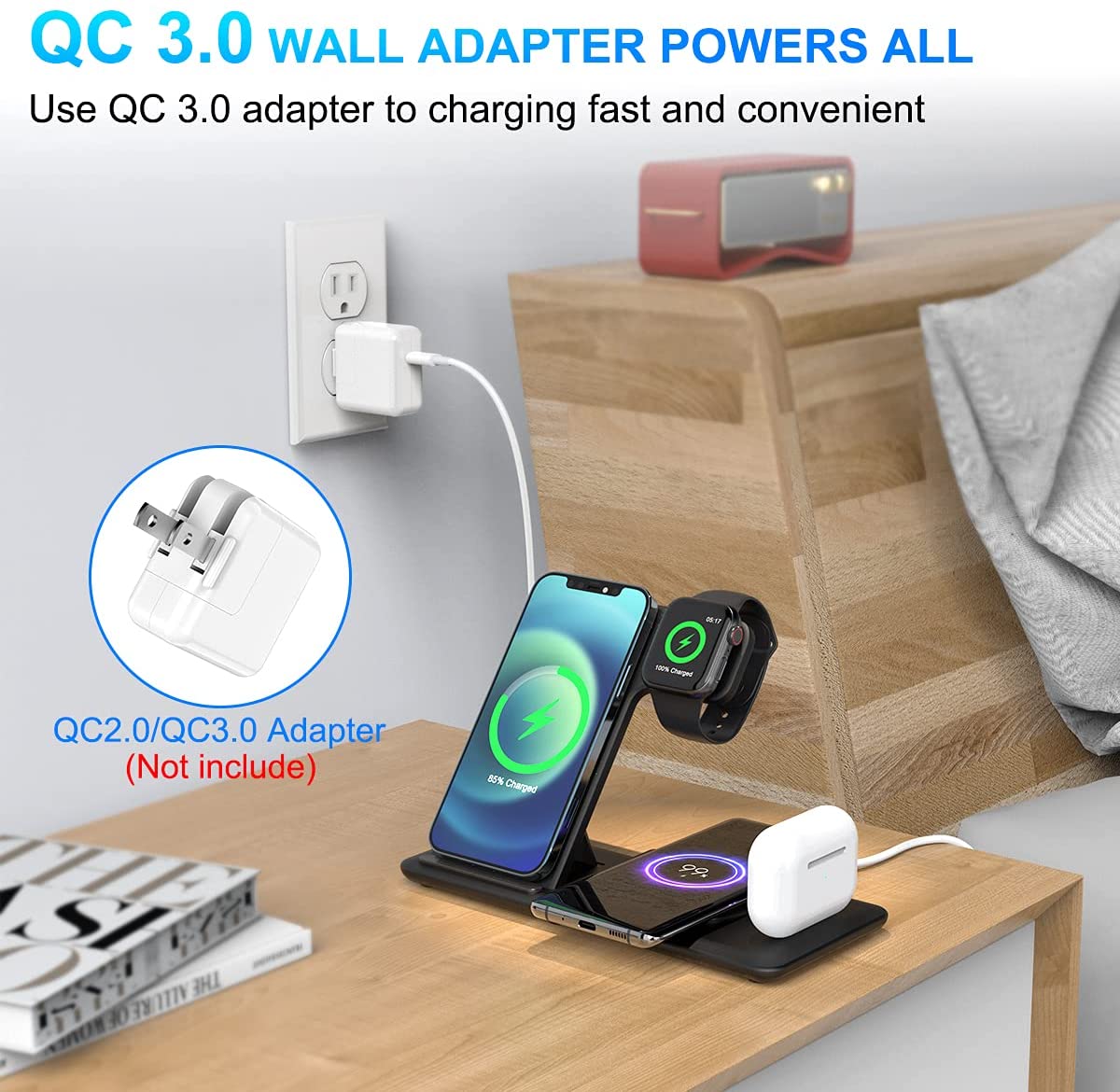 FDGAO 15W Wireless Charger 4 in 1 Qi Fast Charging Dock Station for Apple Watch 7 6 SE AirPods Pro iPhone 14 13 12 11 XS XR X 8