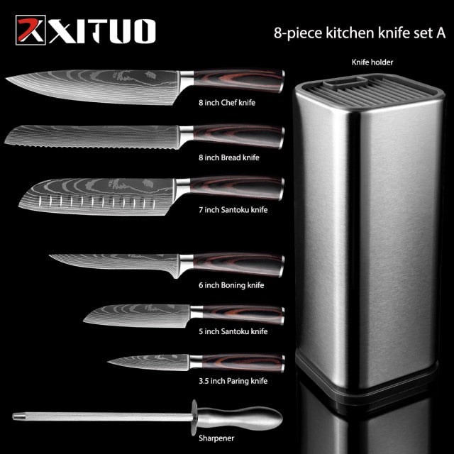 XITUO Kitchen Chef Set 4-8PCS set Knife Stainless Steel Knife Holder Santoku Utility Cut Cleaver Bread Paring Knives Scissors