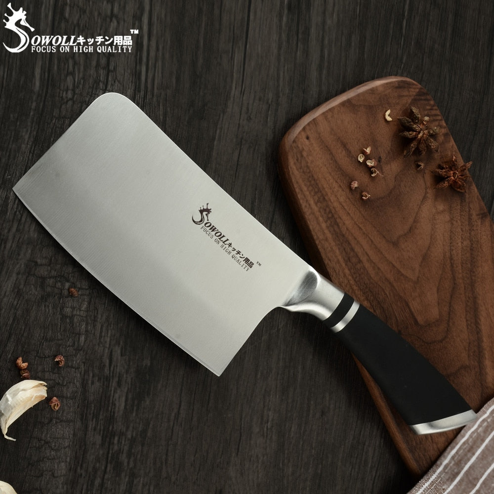Sowoll Kitchen Knife Chopping Cleaver Chinese Chef Knife High Carbon Steel 7 Inch Vegetable Slicing Meat Knife Tool ABS Handle
