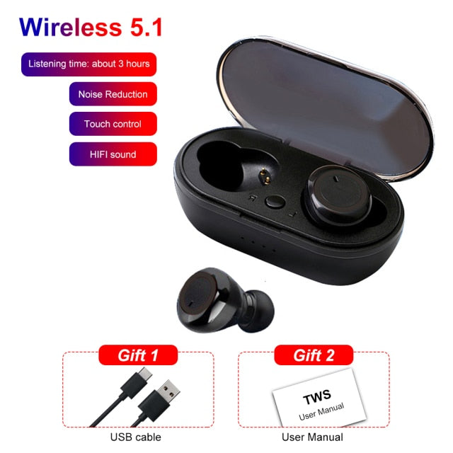 Y50 TWS Compatible-Bluetooth 5.0 Earphone Wireless Headset Deep Bass Earbuds Sport Earphones In-Ear Button Control Headphones