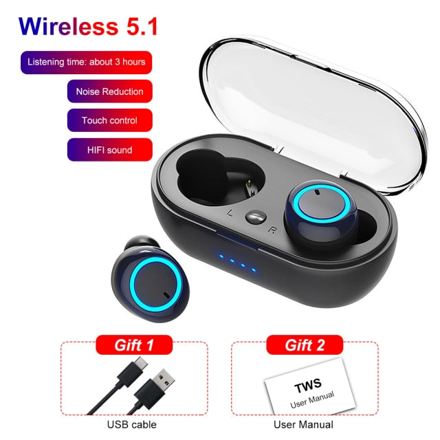 Y50 TWS Compatible-Bluetooth 5.0 Earphone Wireless Headset Deep Bass Earbuds Sport Earphones In-Ear Button Control Headphones