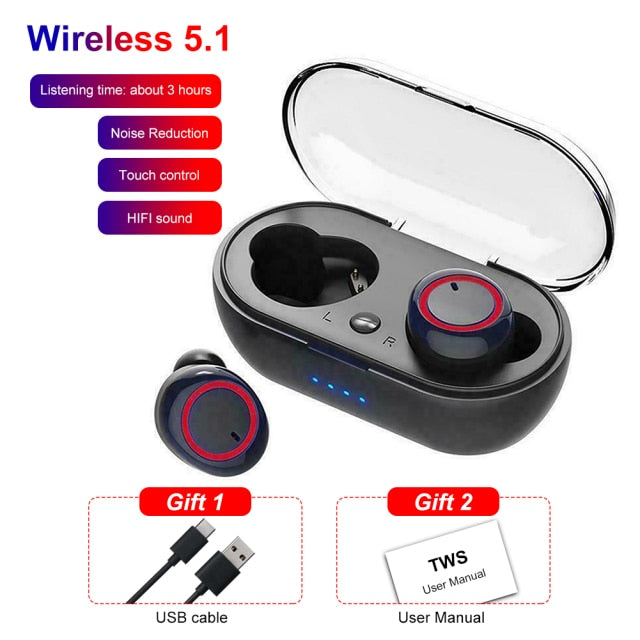 Y50 TWS Compatible-Bluetooth 5.0 Earphone Wireless Headset Deep Bass Earbuds Sport Earphones In-Ear Button Control Headphones