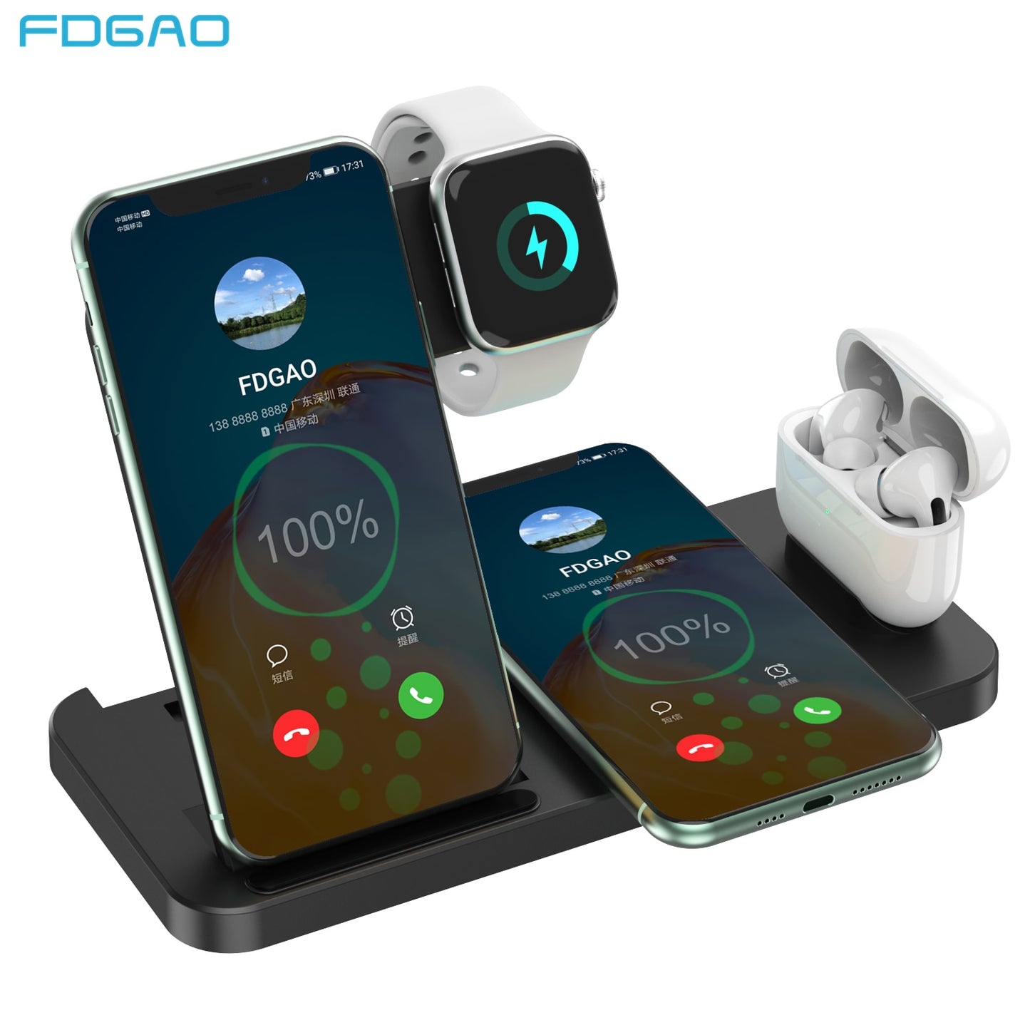 FDGAO 15W Wireless Charger 4 in 1 Qi Fast Charging Dock Station for Apple Watch 7 6 SE AirPods Pro iPhone 14 13 12 11 XS XR X 8