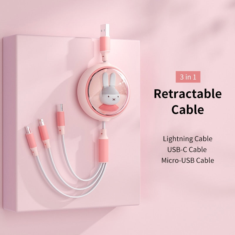 Miffy Retractable Charging Cable 3 in 1 USB C Cable for iPhone 13 14 Charger USB Type C Fast Charging for 14Pro  Samsung Xiaomi