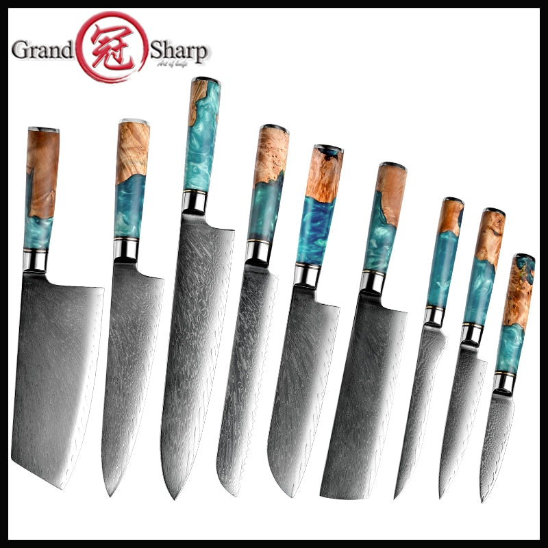 Grandsharp Damascus Kitchen Knives vg10 Japanese Stainless Steel Chef Santoku Cleaver Bread Utility Paring Knife Cooking Tools