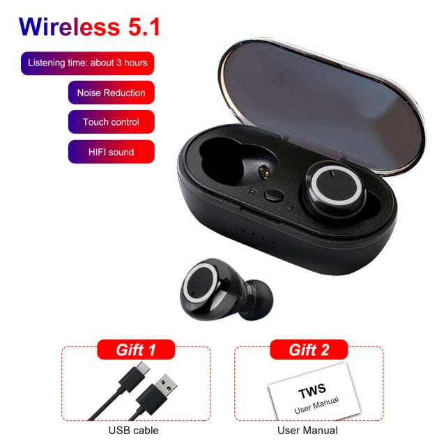 Y50 TWS Compatible-Bluetooth 5.0 Earphone Wireless Headset Deep Bass Earbuds Sport Earphones In-Ear Button Control Headphones